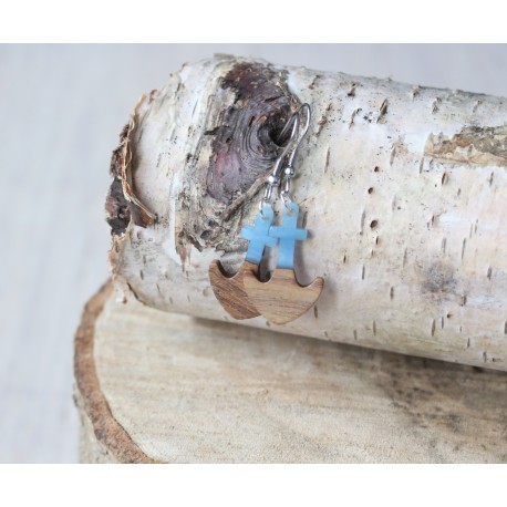 Kolczyki drewniane z żywicą KOTWICA niebieska